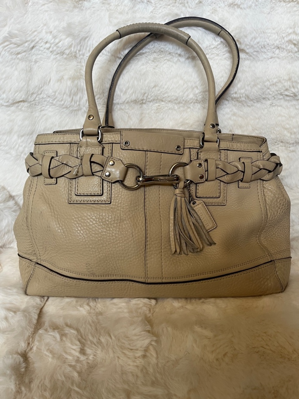 Coach Classic Neutral Leather Tote Bag with Braided Detail